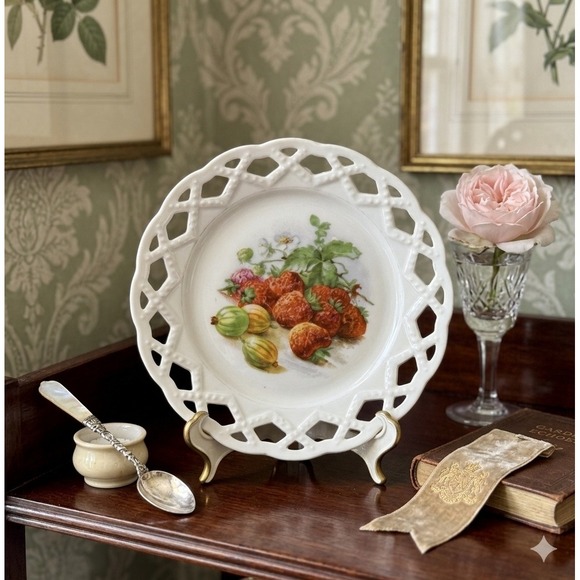 Other - Antique German Reticulated Porcelain Plate Hand Painted StrawberriesGooseberries